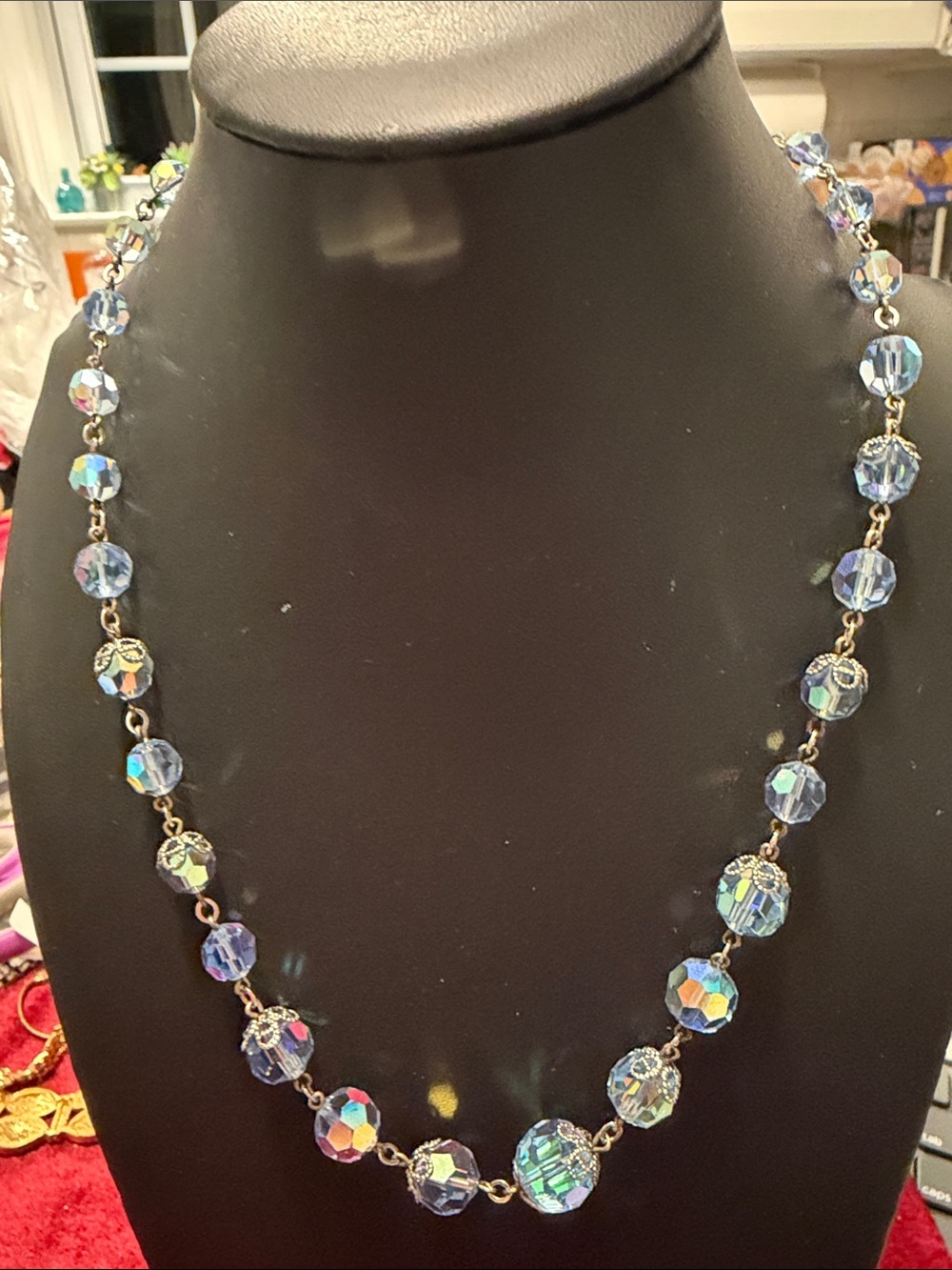 Vintage Aurora Borealis blue glass Bead Necklace like new gorgeous 18”